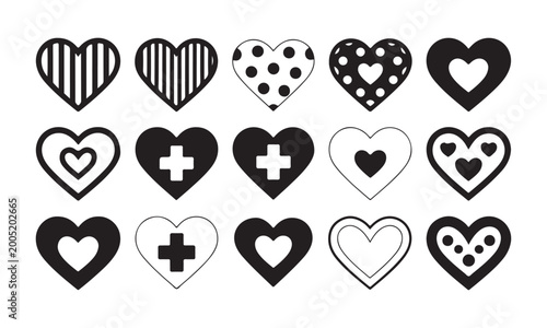 Medical and striped heart icons collection featuring plus signs and polka dots for health care graphics.