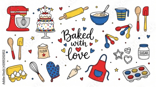 Set of colorful hand drawn baking tools and cake illustration with lettering, concept for bakery branding, culinary education and kitchen advertising