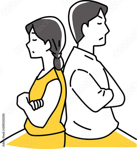 腕を組んで反目し合う男女