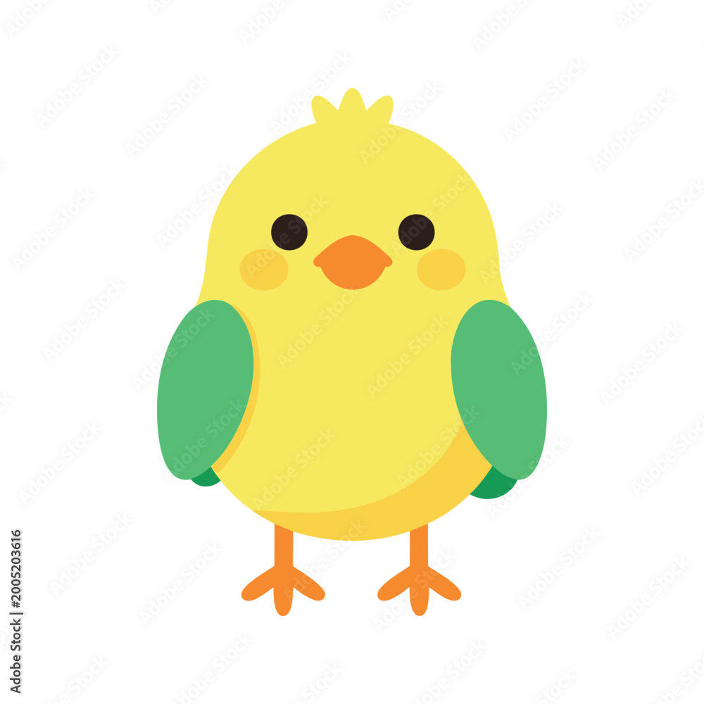 Fototapeta premium Cartoon bird with lemon plumage, orange legs, and green wings stands against a white background, facing forward in a symmetrical composition.