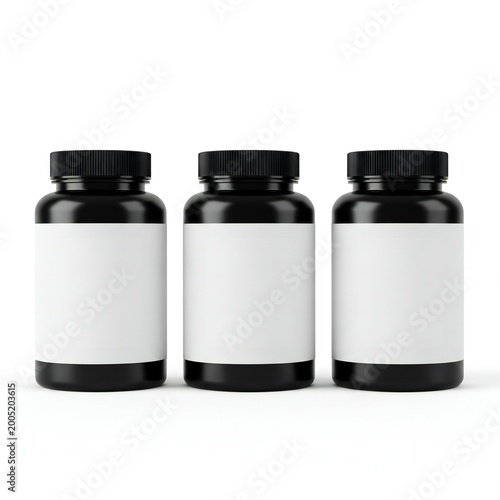 Three empty black cap pill bottles lined up isolated on white background