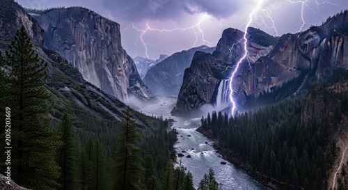 Dramatic Lightning Strike Over Yosemite Valley Waterfall and River