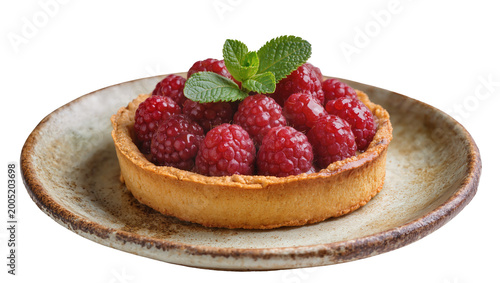 Obraz na płótnie Raspberry tart on rustic ceramic plate with fresh mint garnish