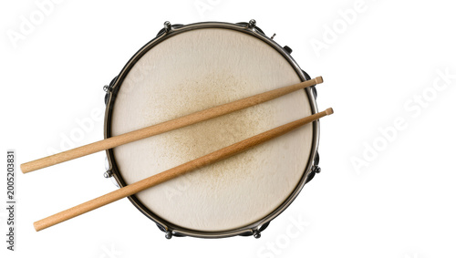 Tableau sur toile Silver Snare Drum with Three Wooden Drumsticks Crossed