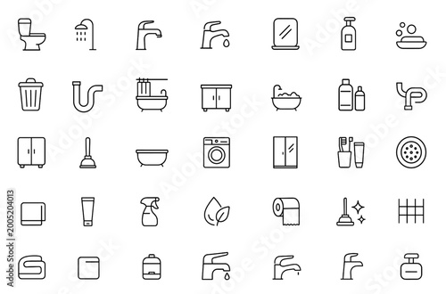 Foto Vector illustration bathroom icon set: toilet, shower, washbasin, tap, mirror, t