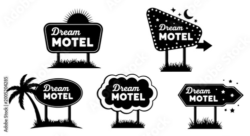 Fotografie Collection of Black and White Vector Illustrations of the 'Dream Motel' Signage,