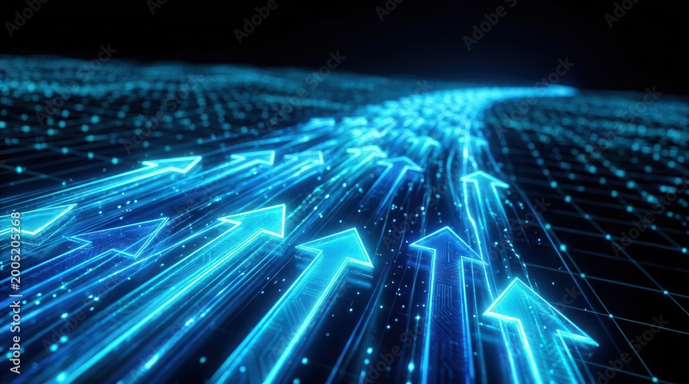 Obraz premium Blue glowing arrows on a digital grid symbolizing strategic direction and change management.