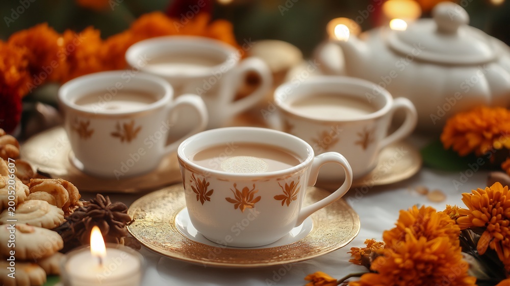 Fototapeta premium Tea Cups with Orange Flowers and Candles on Table
