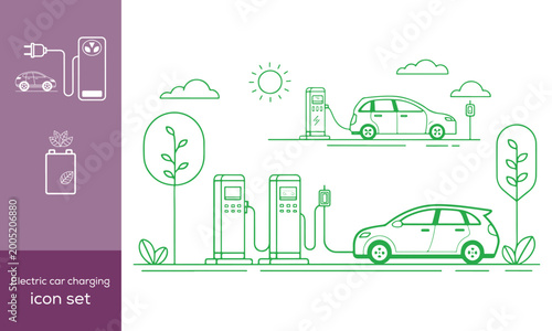 Electric car charging icons showing different charging stations and plug types