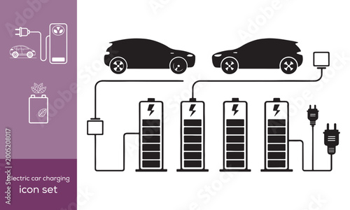Electric car charging icons showing different charging stations and plug types