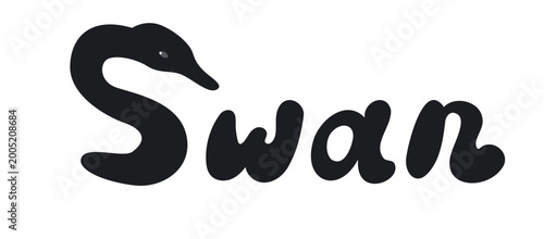 Stylized word swan where the letter S is shaped like a swans curved neck and head. Clean and elegant illustration suitable for decorative use, creative projects, and visual compositions.