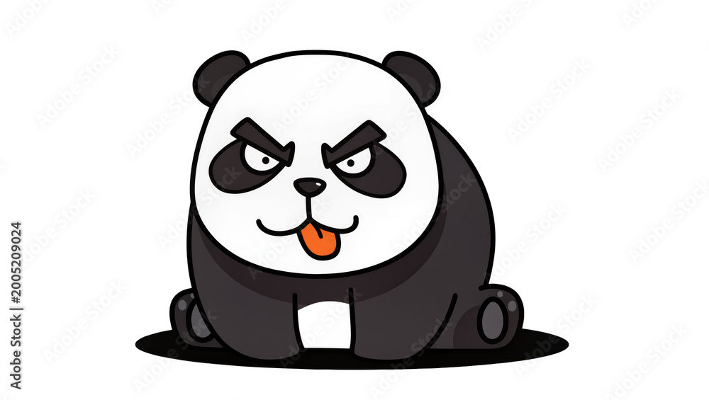 Fototapeta premium Grumpy cartoon panda sitting on dark earth mound