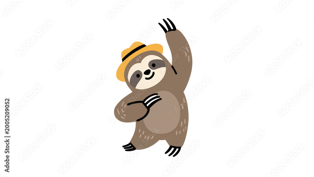 Fototapeta premium Smiling Sloth Wearing Brown Fedora Dancing with Raised Arms