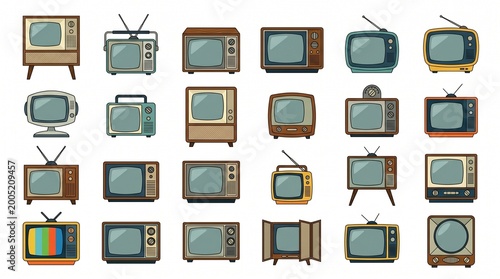 Set of various vintage retro television receiver icons in flat illustration style, concept for media broadcasting history, home entertainment design and nostalgic interior decoration