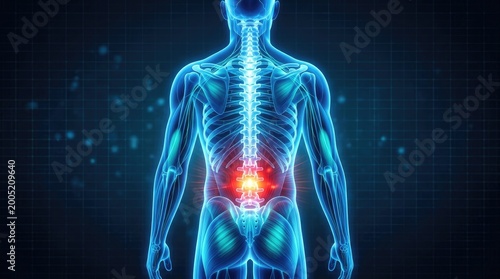 Human torso scan with illuminated abdominal pain area