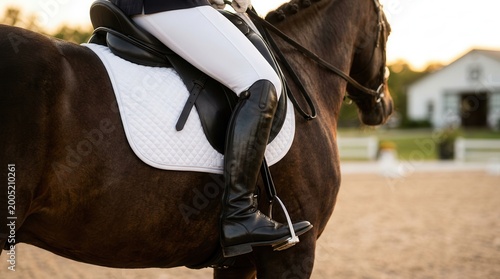 Equestrian rider in black leather boots and white breeches training dressage on horseback at sunset.