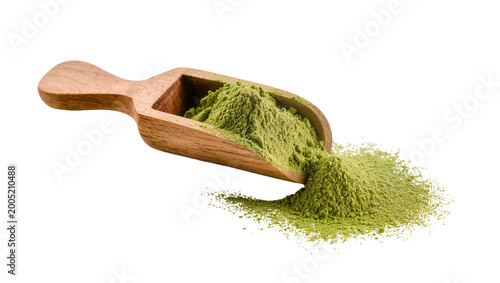 Photos Wooden scoop spilling vibrant green matcha powder onto surface