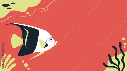 Fotografie Colorful tropical angelfish swimming in coral reef vector illustration with abstract ocean background, marine life concept, flat design, vibrant red backdrop, sea plants and bubbles