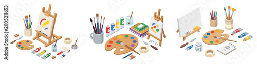 Minimalist isometric flat vector illustration of painting tools and art supplies, white background, no outlines.