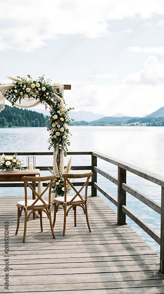Fototapeta premium Romantic wedding ceremony setup on a wooden dock overlooking a serene lake with mountains and sky