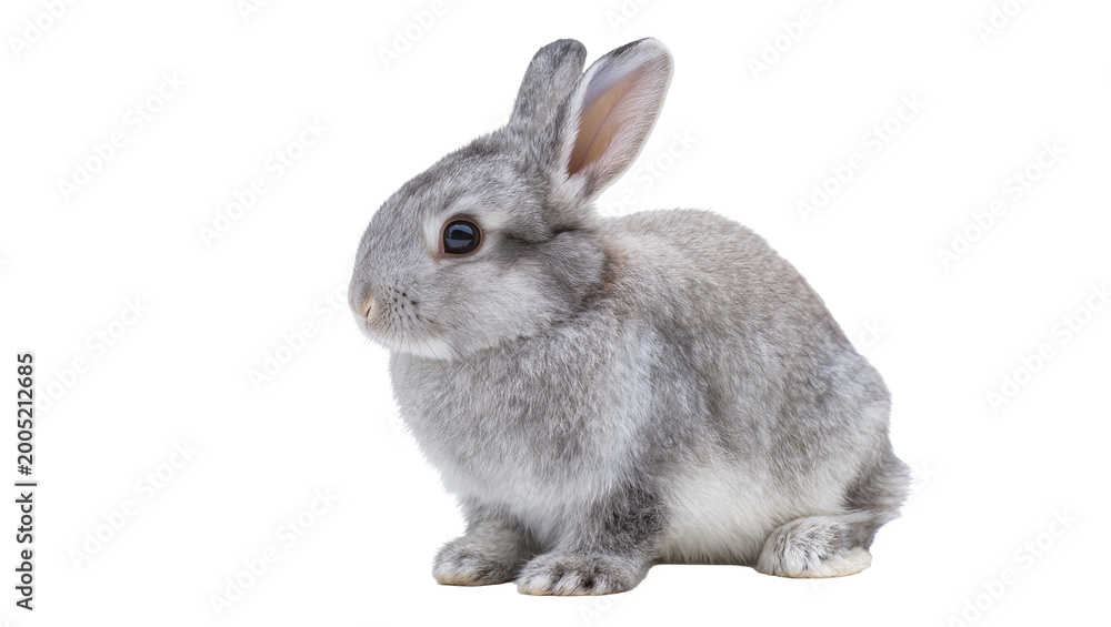 Obraz premium Gray fluffy rabbit sitting with long ears and pink nose