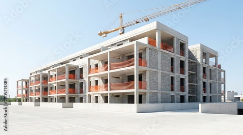 Modern residential apartment building under construction with a tower crane against a clear blue sky, reinforced concrete frame structure