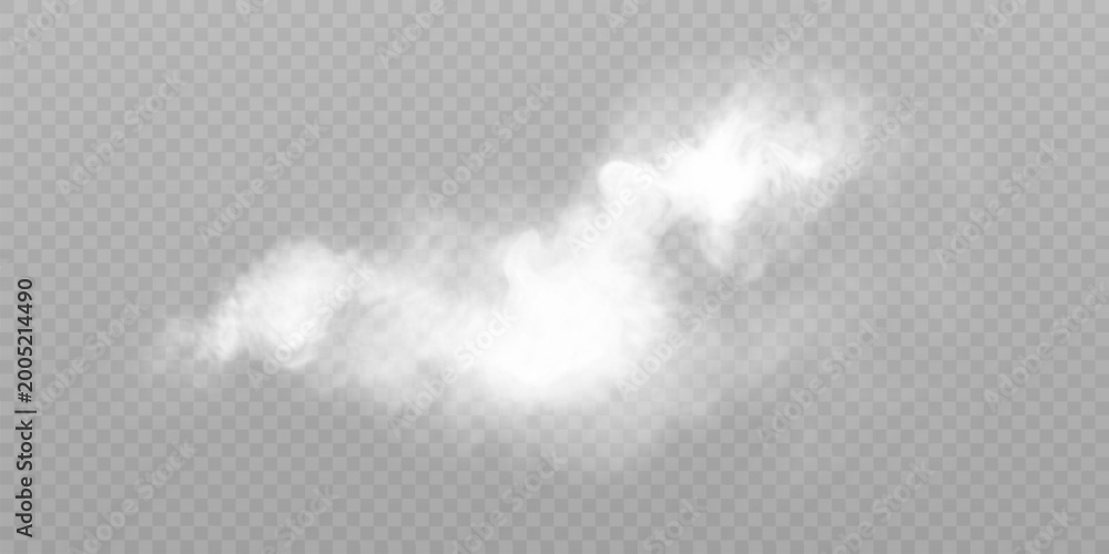 Fototapeta premium Clouds of white smoke or steam with realistic texture on transparent background. Vector smoke to simulate fog, cold breath, magic effect or explosion.