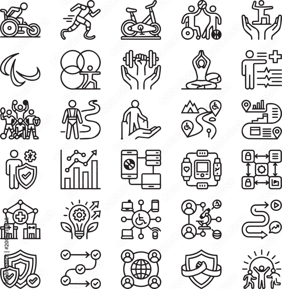 Fototapeta premium 30 Inclusive Fitness & Adaptive Sports Line Icons – Wheelchair Athlete, Accessible Gym Minimalist Vector Outline Set for UI UX