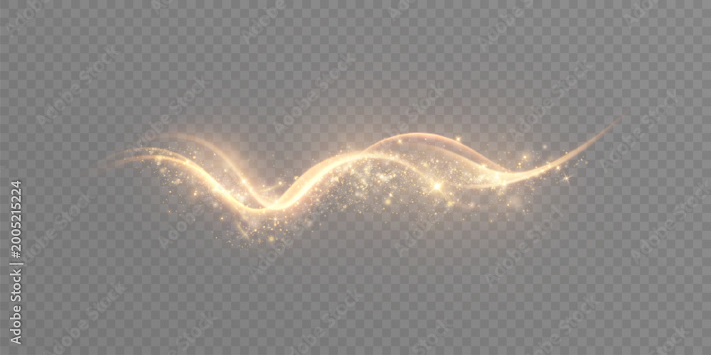 Obraz premium Golden magical light wave with sparkling particles and soft glow, isolated flowing trail for fantasy effects, fairy designs and luminous overlays.