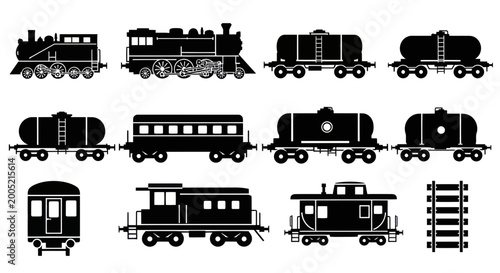 Bild auf Leinwand Vintage Train Collection Silhouette - Steam Engine, Passenger Cars, Tankers