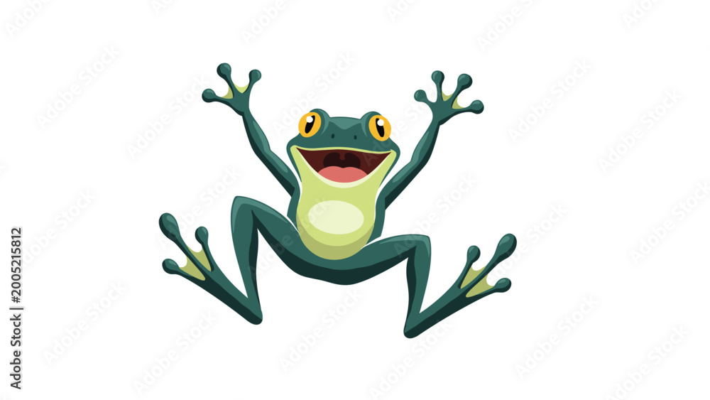 Obraz premium Happy green frog character jumping with arms wide open and big smile isolated on white background representing pond life and nature.