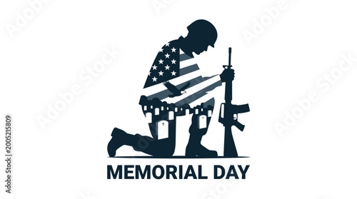 Memorial Day Silhouette Vector Soldier with American Flag and Cemetery