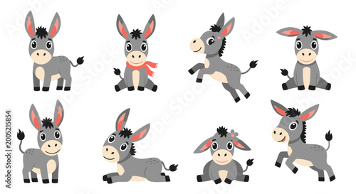 Cute Cartoon Donkeys Set, Various Poses, Adorable Animal Illustrations