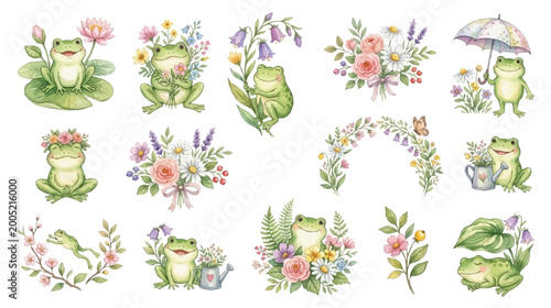 Foto Cute watercolor frog clipart set, adorable amphibian characters with flowers, botanical elements and soft pastel nature design