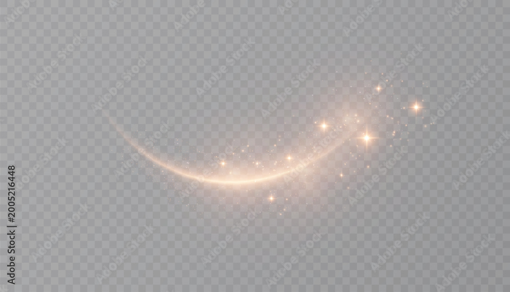 Obraz premium Golden magic effect with shimmering particles and bright glow, isolated curved magic wand effect for fantastic overlays and fairytale effects.