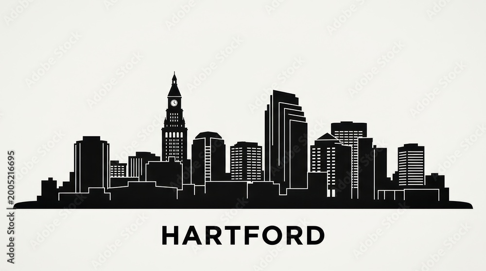 Obraz premium Black and white skyline silhouette of Hartford with insurance district skyscrapers. No people. Minimal design. Bottom: