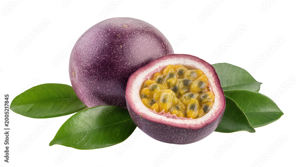 Fototapeta premium Purple Passionfruit with Green Leaves and Cut Half Showing Seeds