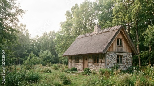 Charming stone cottage with thatched roof nestled in a lush green forest setting