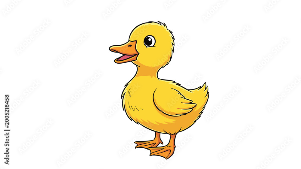 Fototapeta premium Cute little yellow duckling character standing with its beak open as if quacking against a plain white background.