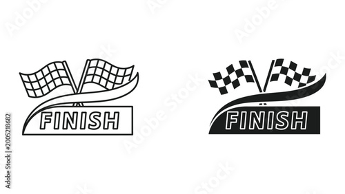 Two checkered flags waving above the word finish in racing design on white background