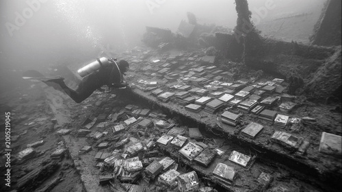 Diving in underwater ruins to explore sunken library filled with floating books Generative AI