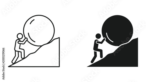 Vector illustration of a person pushing a large ball up a hill in black and white line art style on white background