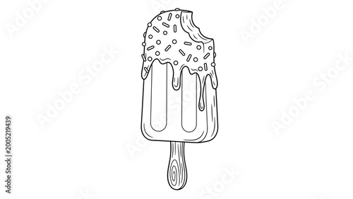 Detailed line art illustration of a delicious ice cream popsicle on a stick with melting chocolate glaze and sprinkles.