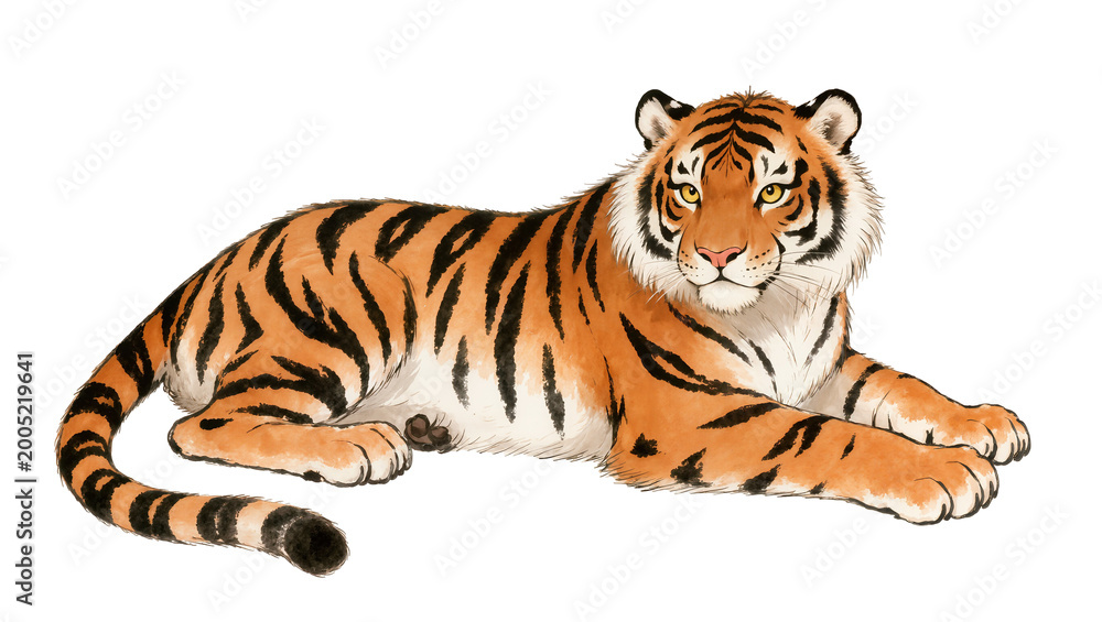 Fototapeta premium Lying Bengal Tiger with Orange Eyes and Black Stripes