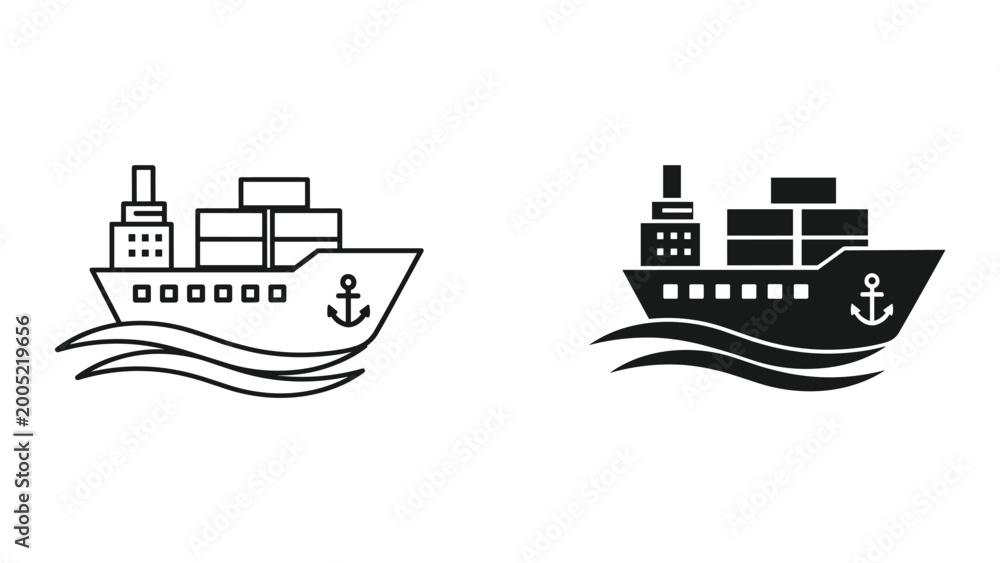 Naklejka premium Two cargo ships with containers on deck in black and white line art style for logistics and shipping concepts