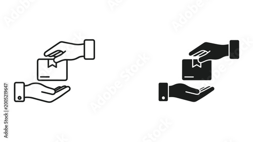 Vector illustration of two hands exchanging a gift card in black and white