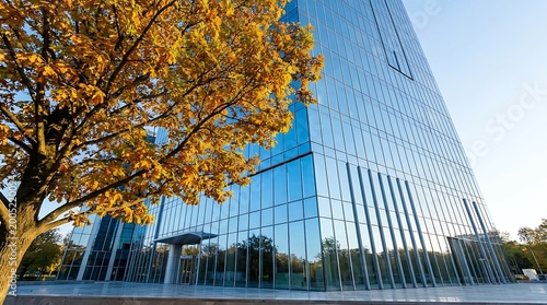 Contemporary architecture glass skyscraper reflecting blue sky next to yellow fall trees, business center exterior plaza