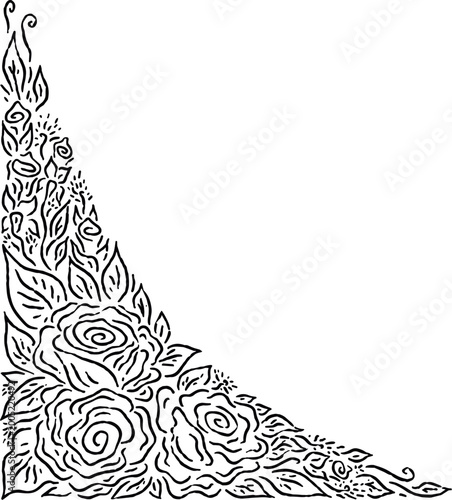 Detailed rose floral corner ornament line art