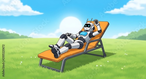 Robot relaxing on a lounge chair.