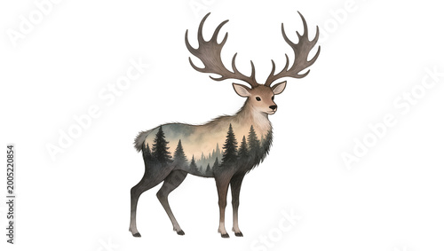 Forest Silhouette Deer Stag with Large Antlers Standing Profile